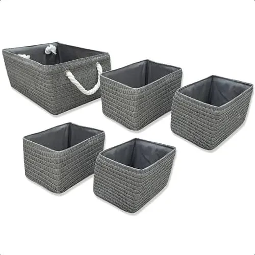 SET X5 CANASTOS GRISES MANIJA BLANCA