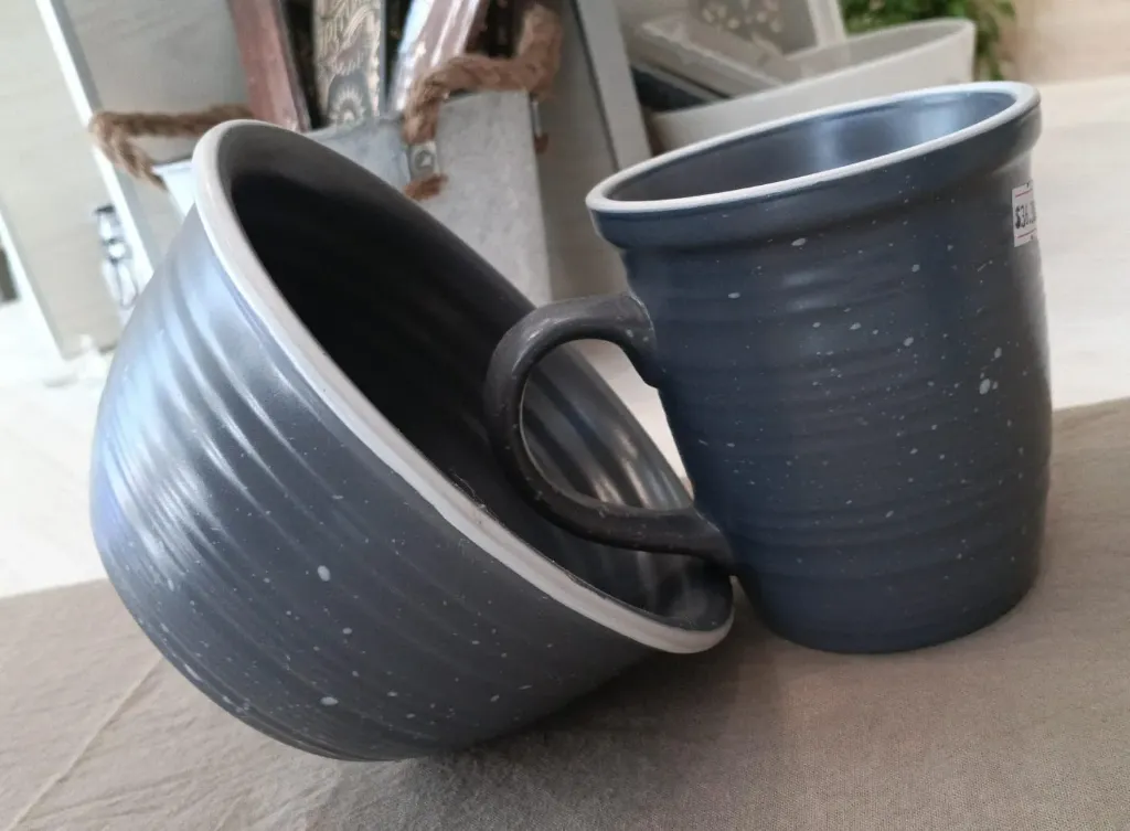 [74401] TAZA GRANITO GRIS BORDE BLANCO + BOWL GRANITO GRIS BORDE BLANCO